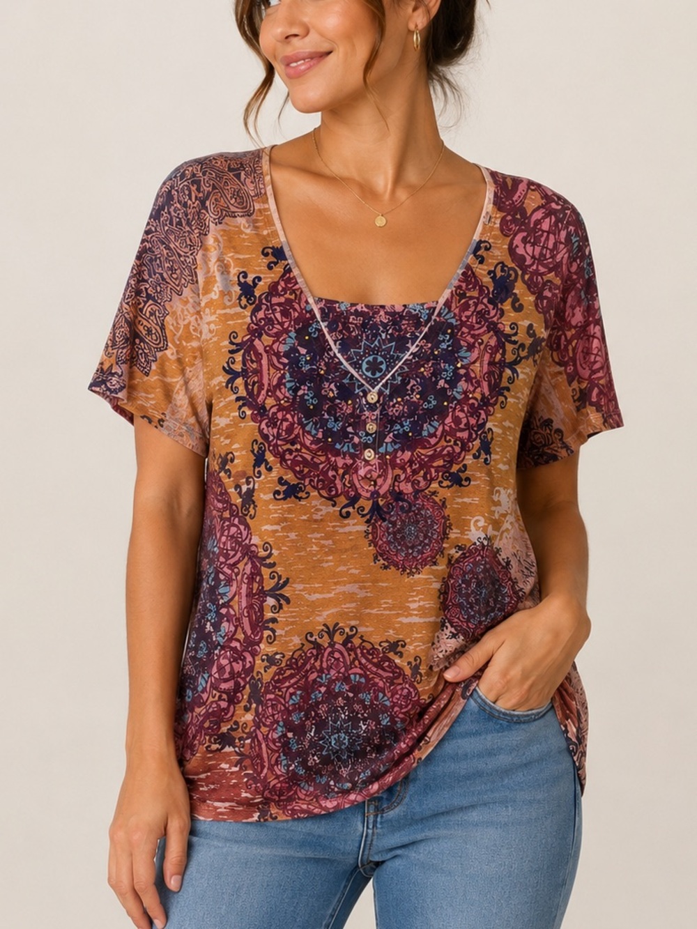 Women's V-Neck Mandala Print Short Sleeve Top - Gold & Pink